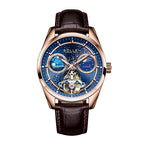 Sollen SL332 Men's Open Heart Automatic Mechanical Watch - 41mm Stainless Steel Case Sapphire Crystal Moon Phase Dual Time Leather Strap Wristwatch