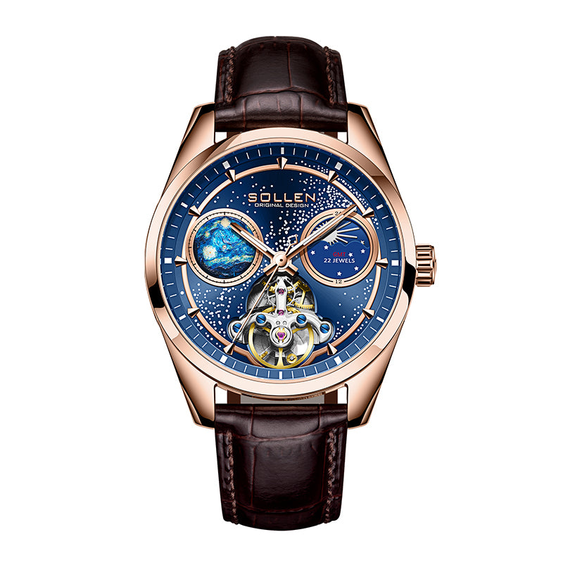 Sollen SL332 Men's Open Heart Automatic Mechanical Watch - 41mm Stainless Steel Case Sapphire Crystal Moon Phase Dual Time Leather Strap Wristwatch
