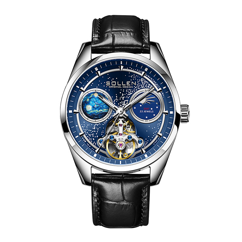 Sollen SL332 Men's Open Heart Automatic Mechanical Watch - 41mm Stainless Steel Case Sapphire Crystal Moon Phase Dual Time Leather Strap Wristwatch