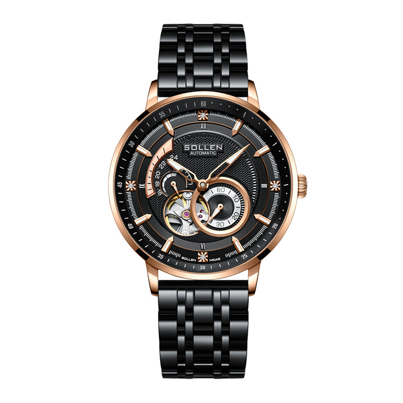 Sollen SL356 Men's Real Diamond Open Heart Automatic Watch - 42mm Stainless Steel Case Slim 9.9mm Sapphire Crystal Miyota Movement Bracelet Wristwatch