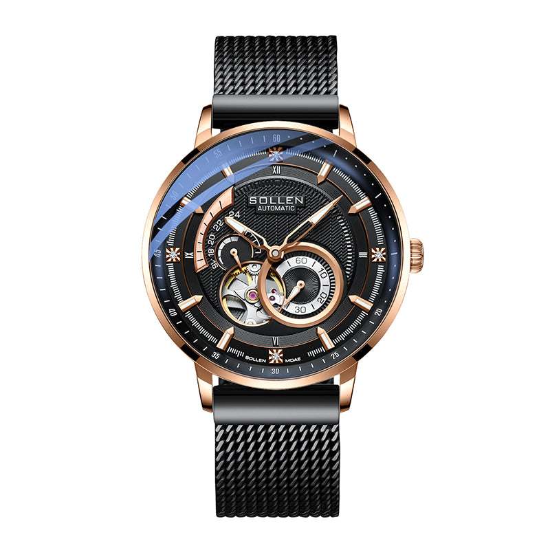 Sollen SL356 Men's Real Diamond Open Heart Automatic Watch - 42mm Stainless Steel Case Slim 9.9mm Sapphire Crystal Miyota Movement Bracelet Wristwatch