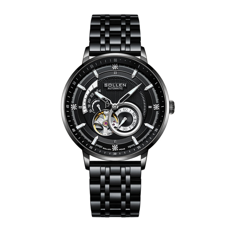 Sollen SL356 Men's Real Diamond Open Heart Automatic Watch - 42mm Stainless Steel Case Slim 9.9mm Sapphire Crystal Miyota Movement Bracelet Wristwatch