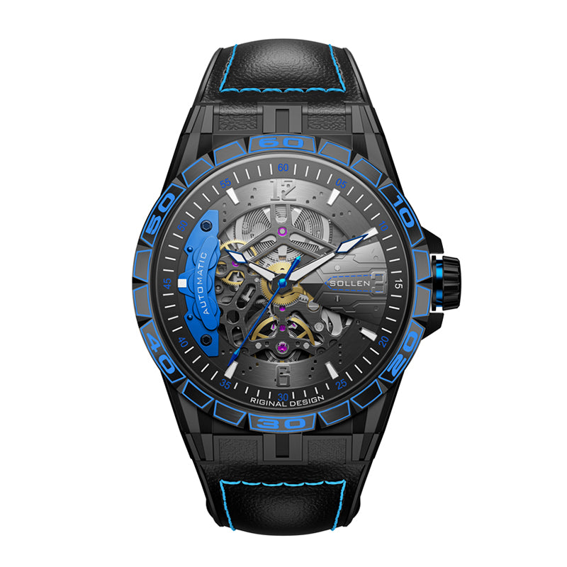 Sollen SL357 Men's Skeleton Automatic Mechanical Watch - 43mm 316L Stainless Steel Case Sapphire Crystal Multi-Layer Dial Leather-Pattern Silicone Strap Wristwatch