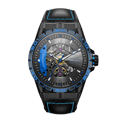 Sollen SL357 Men's Skeleton Automatic Mechanical Watch - 43mm 316L Stainless Steel Case Sapphire Crystal Multi-Layer Dial Leather-Pattern Silicone Strap Wristwatch