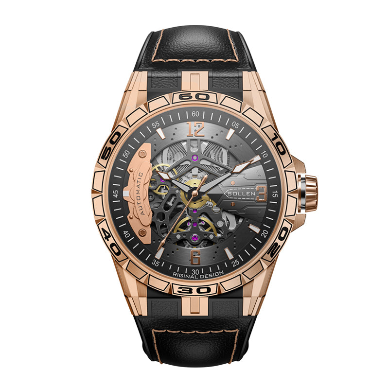 Sollen SL357 Men's Skeleton Automatic Mechanical Watch - 43mm 316L Stainless Steel Case Sapphire Crystal Multi-Layer Dial Leather-Pattern Silicone Strap Wristwatch