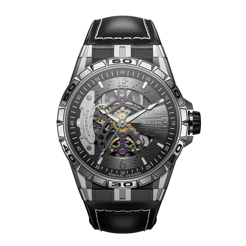 Sollen SL357 Men's Skeleton Automatic Mechanical Watch - 43mm 316L Stainless Steel Case Sapphire Crystal Multi-Layer Dial Leather-Pattern Silicone Strap Wristwatch
