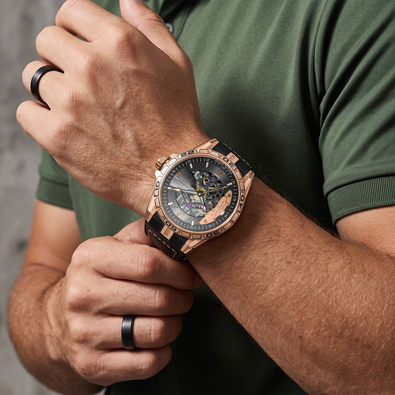 Sollen SL357 Men's Skeleton Automatic Mechanical Watch - 43mm 316L Stainless Steel Case Sapphire Crystal Multi-Layer Dial Leather-Pattern Silicone Strap Wristwatch