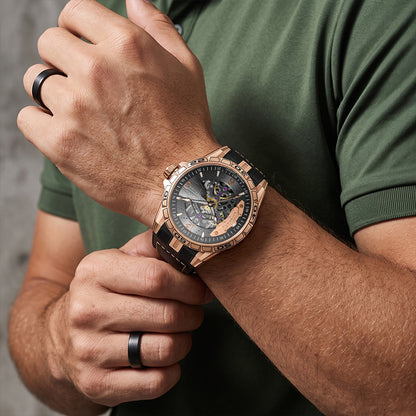 Sollen SL357 Men's Skeleton Automatic Mechanical Watch - 43mm 316L Stainless Steel Case Sapphire Crystal Multi-Layer Dial Leather-Pattern Silicone Strap Wristwatch