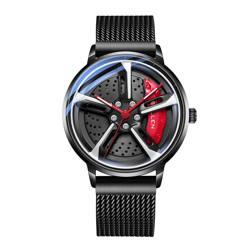 Sollen SL358 Men's 3D Rotating Wheel Rim Quartz Watch - 42.5mm Stainless Steel Case Racing Car Caliper Dial Mesh Bracelet Wristwatch