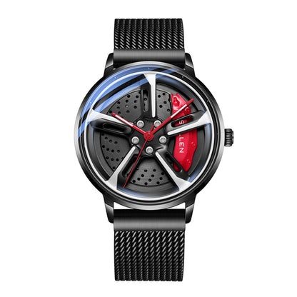 Sollen SL358 Men's 3D Rotating Wheel Rim Quartz Watch - 42.5mm Stainless Steel Case Racing Car Caliper Dial Mesh Bracelet Wristwatch