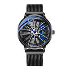 Sollen SL358 Men's 3D Rotating Wheel Rim Quartz Watch - 42.5mm Stainless Steel Case Racing Car Caliper Dial Mesh Bracelet Wristwatch