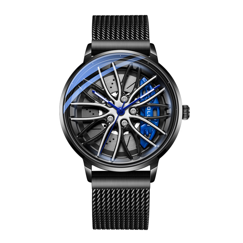 Sollen SL358 Men's 3D Rotating Wheel Rim Quartz Watch - 42.5mm Stainless Steel Case Racing Car Caliper Dial Mesh Bracelet Wristwatch