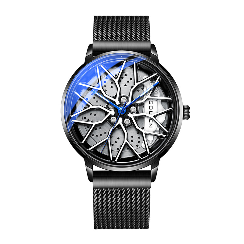Sollen SL358 Men's 3D Rotating Wheel Rim Quartz Watch - 42.5mm Stainless Steel Case Racing Car Caliper Dial Mesh Bracelet Wristwatch