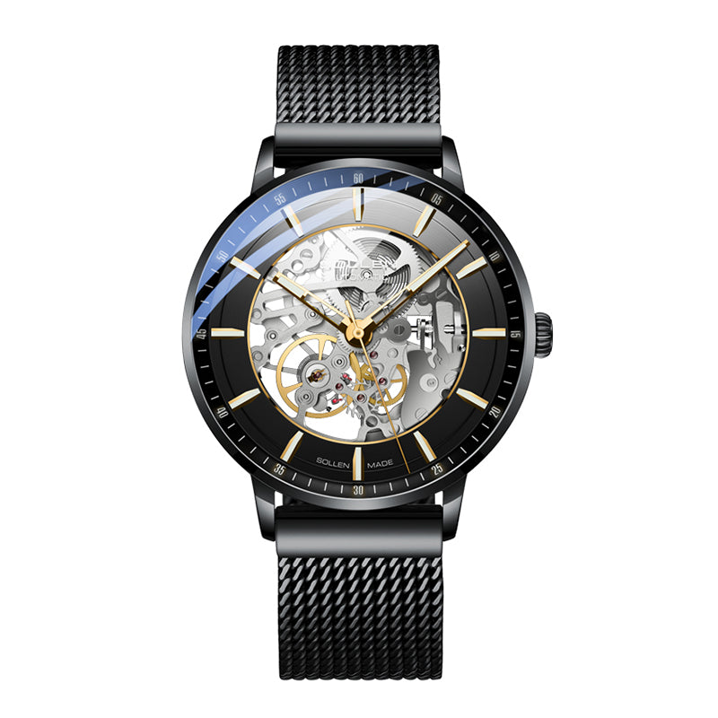 Sollen SL359 Men's Open Heart Full Skeleton Automatic Mechanical Watch - 42mm Stainless Steel Case Slim 9.9mm Luminous Markers Mesh Bracelet Wristwatch