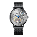 Sollen SL359 Men's Open Heart Full Skeleton Automatic Mechanical Watch - 42mm Stainless Steel Case Slim 9.9mm Luminous Markers Mesh Bracelet Wristwatch