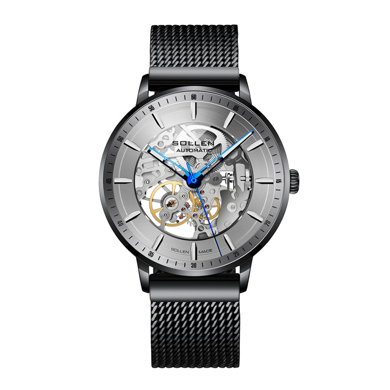 Sollen SL359 Men's Open Heart Full Skeleton Automatic Mechanical Watch - 42mm Stainless Steel Case Slim 9.9mm Luminous Markers Mesh Bracelet Wristwatch
