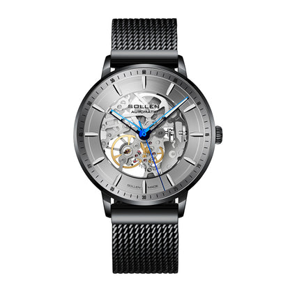 Sollen SL359 Men's Open Heart Full Skeleton Automatic Mechanical Watch - 42mm Stainless Steel Case Slim 9.9mm Luminous Markers Mesh Bracelet Wristwatch