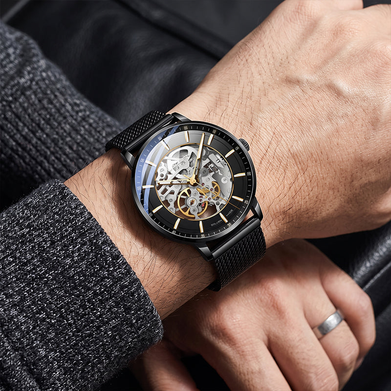 Sollen SL359 Men's Open Heart Full Skeleton Automatic Mechanical Watch - 42mm Stainless Steel Case Slim 9.9mm Luminous Markers Mesh Bracelet Wristwatch