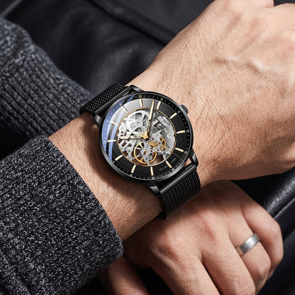 Sollen SL359 Men's Open Heart Full Skeleton Automatic Mechanical Watch - 42mm Stainless Steel Case Slim 9.9mm Luminous Markers Mesh Bracelet Wristwatch