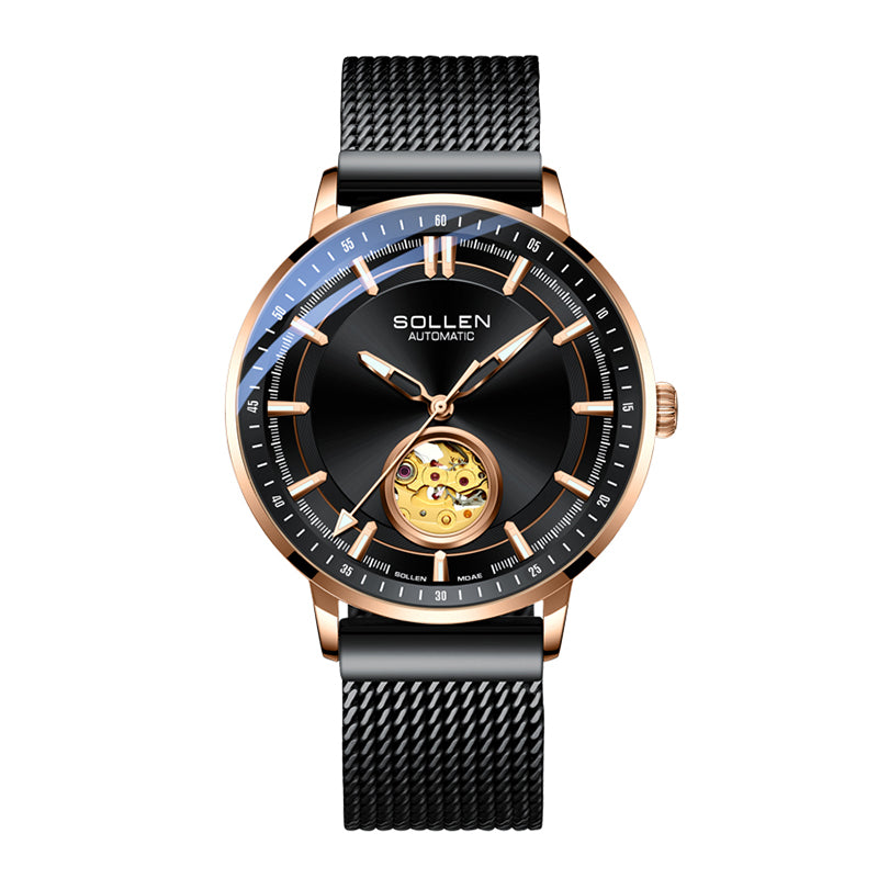 Sollen SL360 Men's Open Heart Automatic Mechanical Watch - 42mm Stainless Steel Case Slim 9.9mm Miyota Movement Luminous Markers Mesh Bracelet Wristwatch