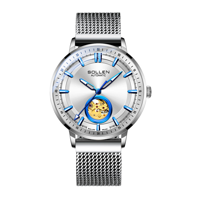 Sollen SL360 Men's Open Heart Automatic Mechanical Watch - 42mm Stainless Steel Case Slim 9.9mm Miyota Movement Luminous Markers Mesh Bracelet Wristwatch
