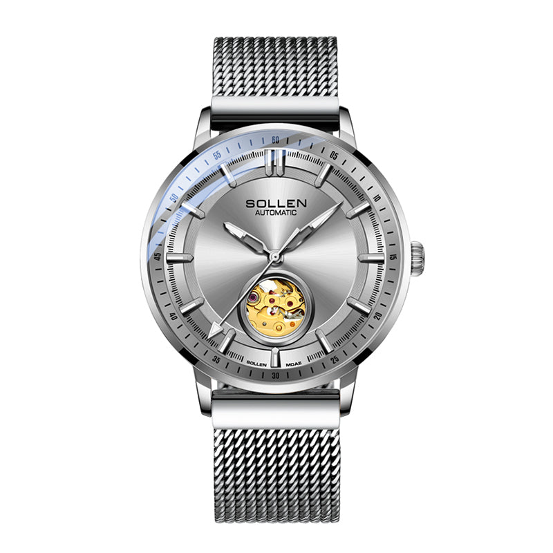 Sollen SL360 Men's Open Heart Automatic Mechanical Watch - 42mm Stainless Steel Case Slim 9.9mm Miyota Movement Luminous Markers Mesh Bracelet Wristwatch