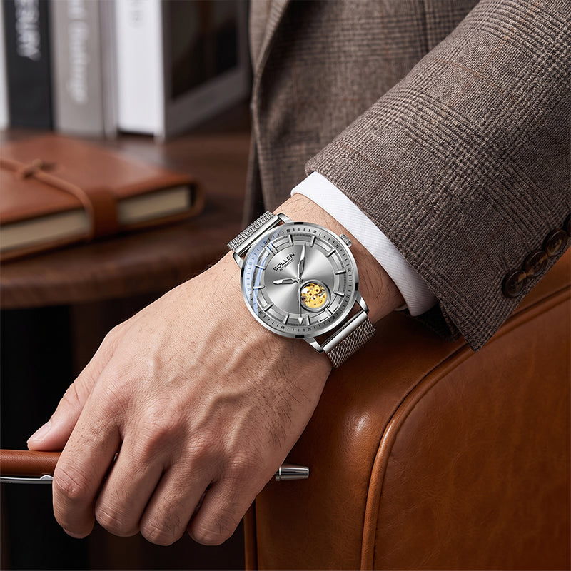 Sollen SL360 Men's Open Heart Automatic Mechanical Watch - 42mm Stainless Steel Case Slim 9.9mm Miyota Movement Luminous Markers Mesh Bracelet Wristwatch