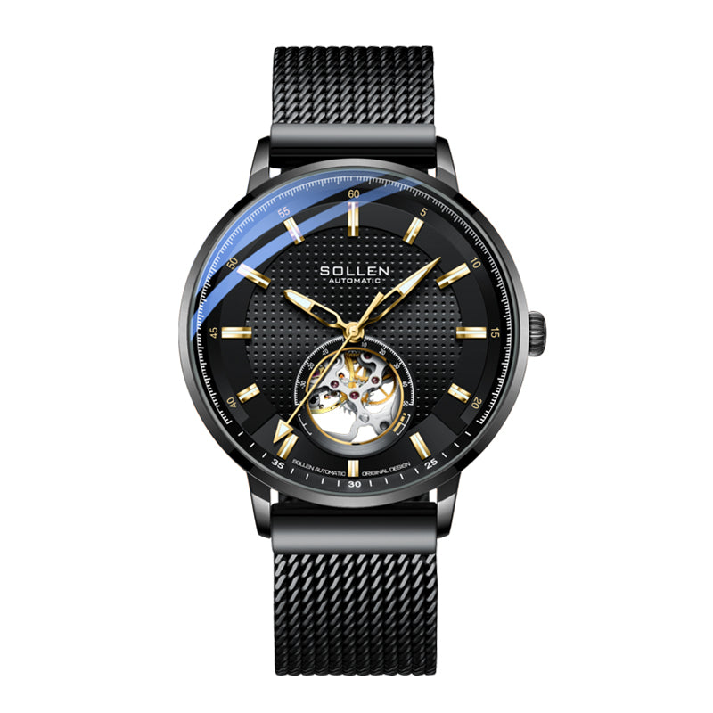 Sollen SL362 Men's Open Heart Automatic Mechanical Watch - 42mm Stainless Steel Case Slim 9.9mm Ice Blue Luminous Markers Mesh Bracelet Wristwatch