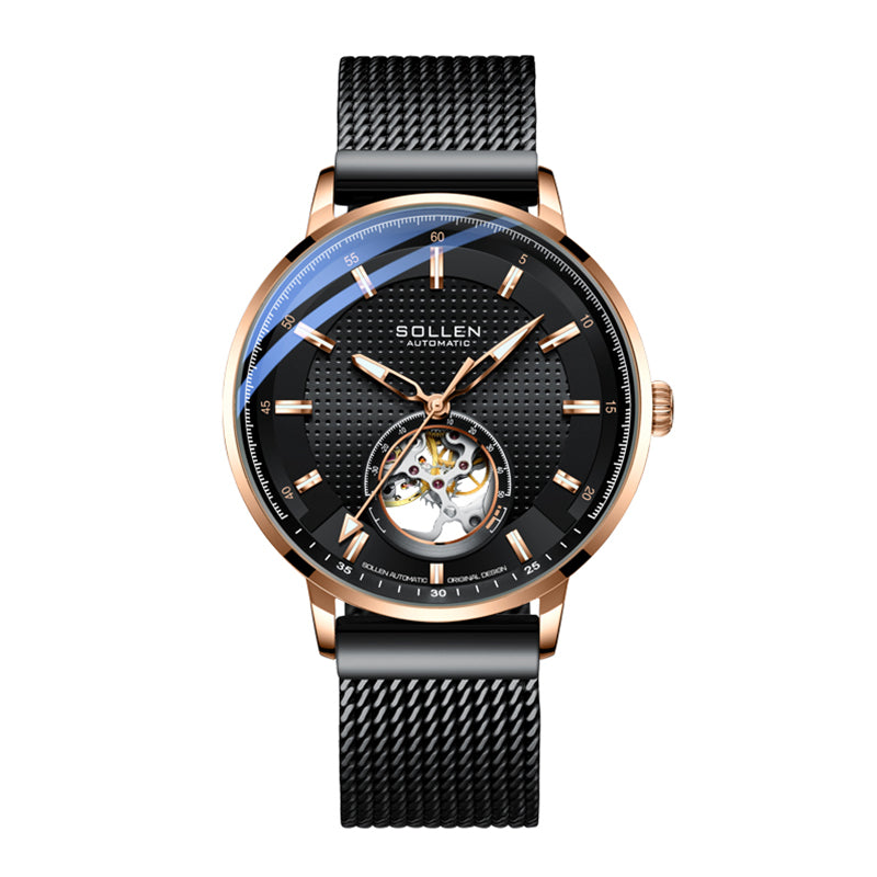 Sollen SL362 Men's Open Heart Automatic Mechanical Watch - 42mm Stainless Steel Case Slim 9.9mm Ice Blue Luminous Markers Mesh Bracelet Wristwatch