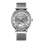 Sollen SL362 Men's Open Heart Automatic Mechanical Watch - 42mm Stainless Steel Case Slim 9.9mm Ice Blue Luminous Markers Mesh Bracelet Wristwatch