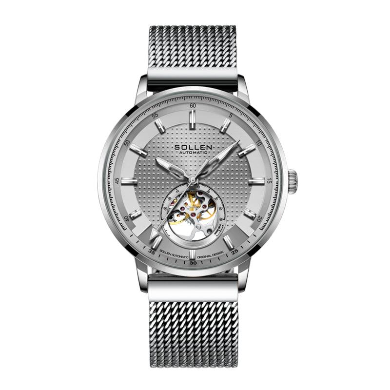 Sollen SL362 Men's Open Heart Automatic Mechanical Watch - 42mm Stainless Steel Case Slim 9.9mm Ice Blue Luminous Markers Mesh Bracelet Wristwatch