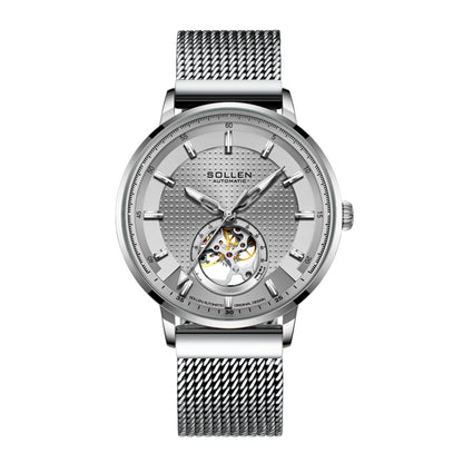 Sollen SL362 Men's Open Heart Automatic Mechanical Watch - 42mm Stainless Steel Case Slim 9.9mm Ice Blue Luminous Markers Mesh Bracelet Wristwatch