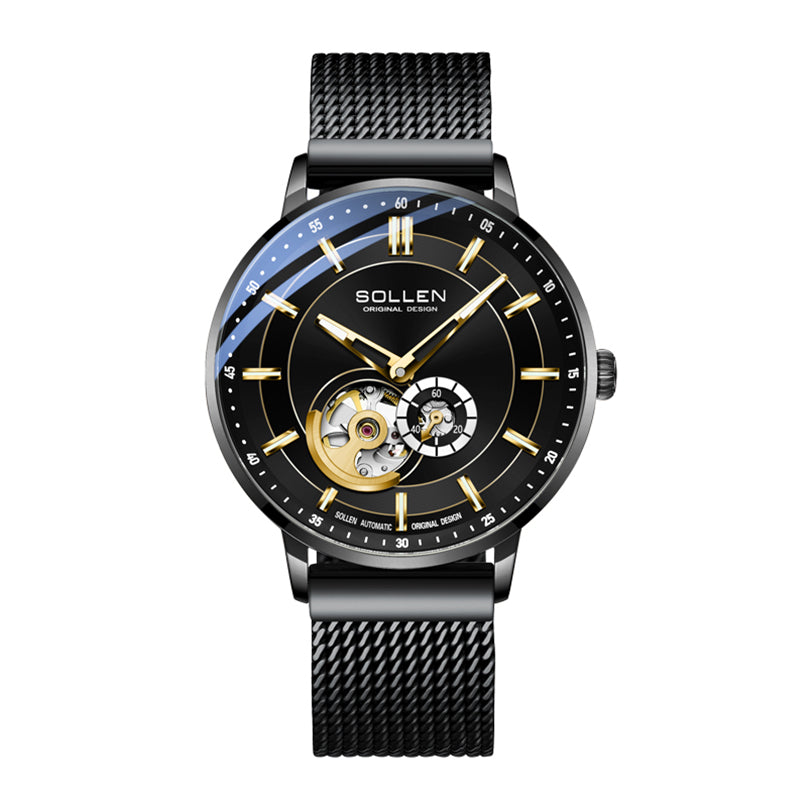 Sollen SL365 Men's Open Heart Automatic Mechanical Watch - 42mm Stainless Steel Case Slim 9.9mm Miyota 82S5 Movement Small Seconds Mesh Bracelet Wristwatch