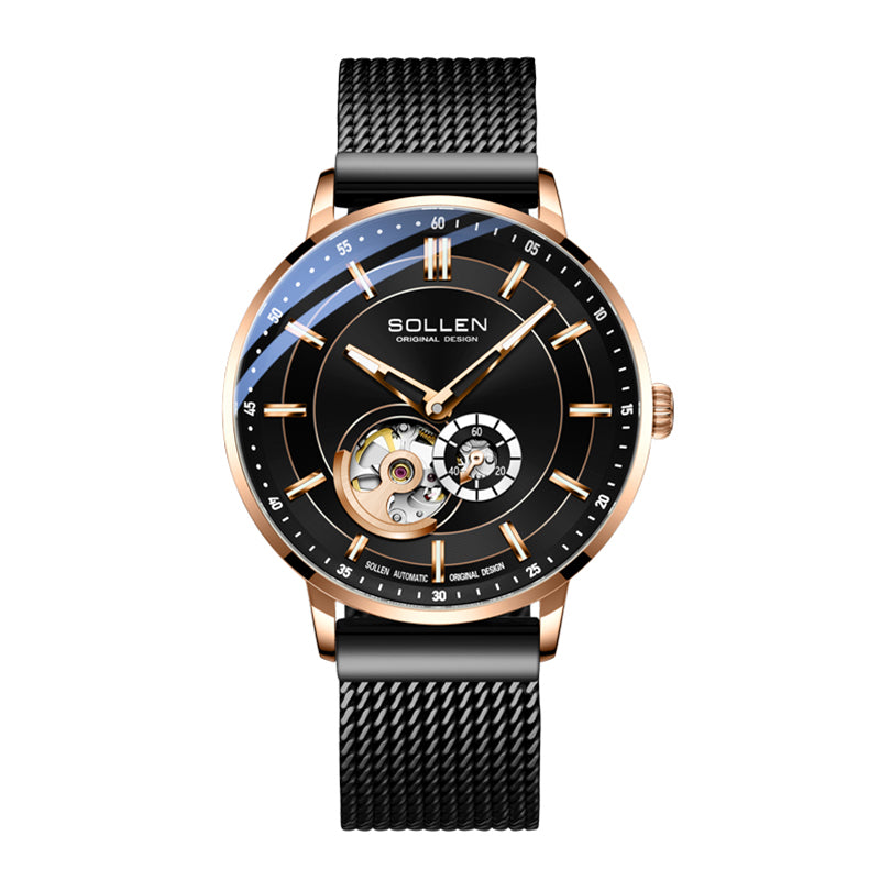 Sollen SL365 Men's Open Heart Automatic Mechanical Watch - 42mm Stainless Steel Case Slim 9.9mm Miyota 82S5 Movement Small Seconds Mesh Bracelet Wristwatch