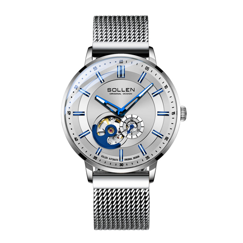 Sollen SL365 Men's Open Heart Automatic Mechanical Watch - 42mm Stainless Steel Case Slim 9.9mm Miyota 82S5 Movement Small Seconds Mesh Bracelet Wristwatch