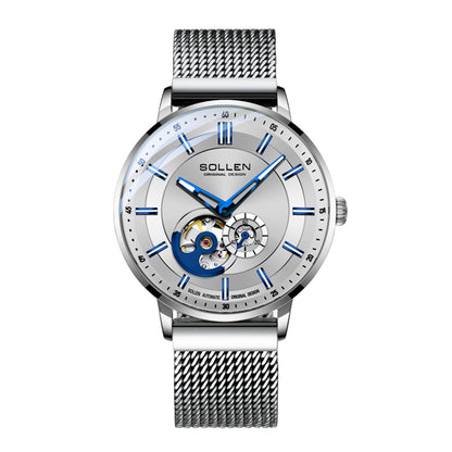 Sollen SL365 Men's Open Heart Automatic Mechanical Watch - 42mm Stainless Steel Case Slim 9.9mm Miyota 82S5 Movement Small Seconds Mesh Bracelet Wristwatch
