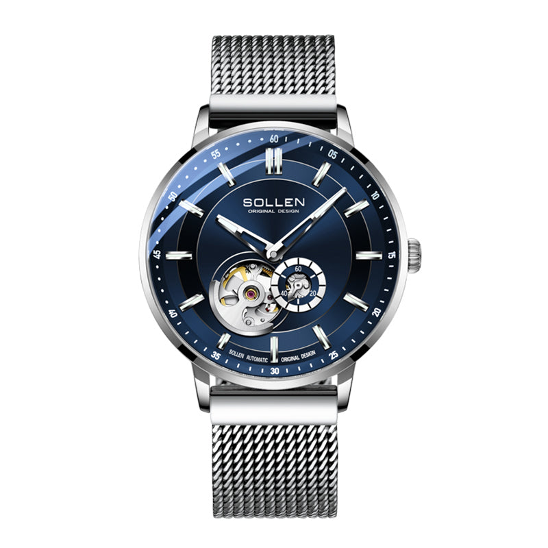 Sollen SL365 Men's Open Heart Automatic Mechanical Watch - 42mm Stainless Steel Case Slim 9.9mm Miyota 82S5 Movement Small Seconds Mesh Bracelet Wristwatch