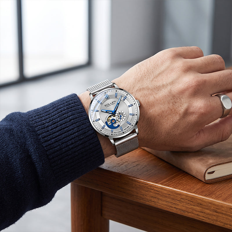 Sollen SL365 Men's Open Heart Automatic Mechanical Watch - 42mm Stainless Steel Case Slim 9.9mm Miyota 82S5 Movement Small Seconds Mesh Bracelet Wristwatch