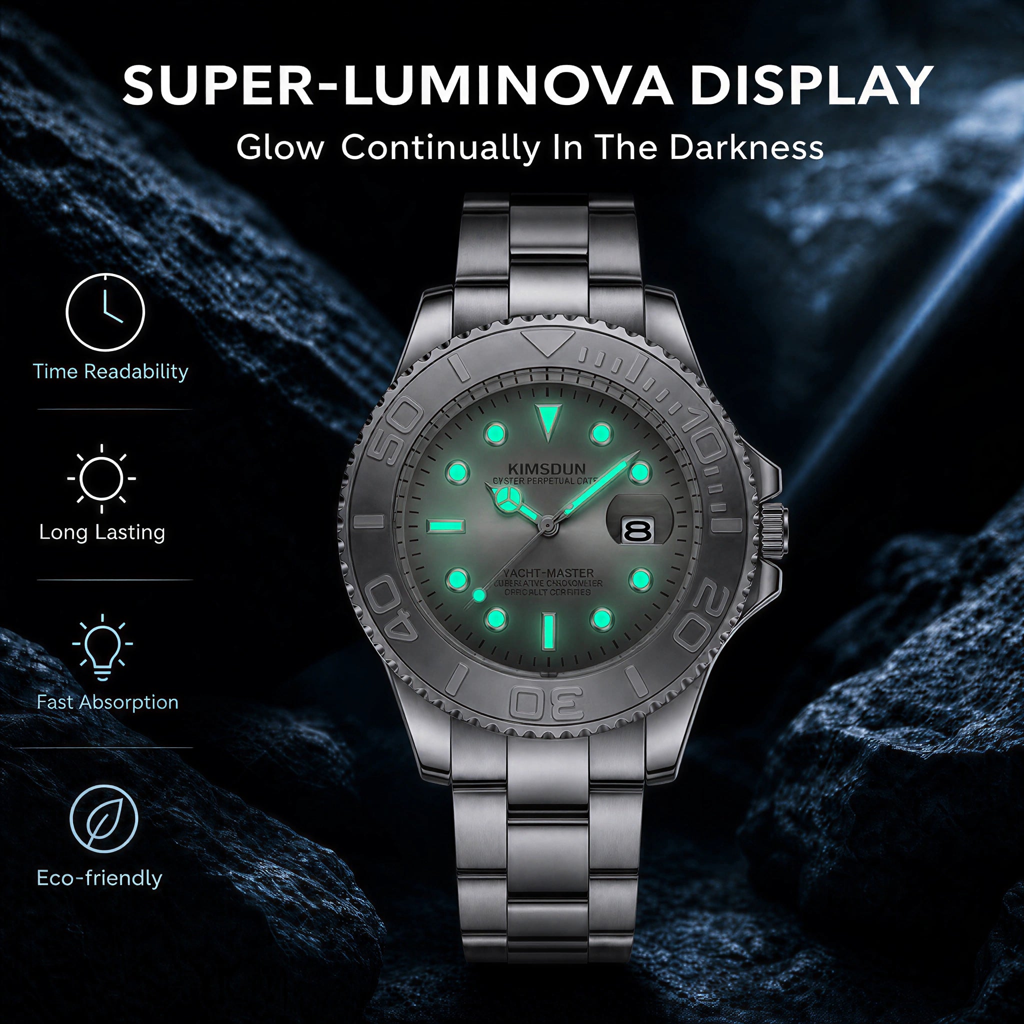 JEMSDUN JSD1818 Live Edition Men's Yacht-Master Style Quartz Watch - 43mm Rotating Relief Bezel Crystal Marker Dial 3H Date Cyclops Lens Metal Wristwatch