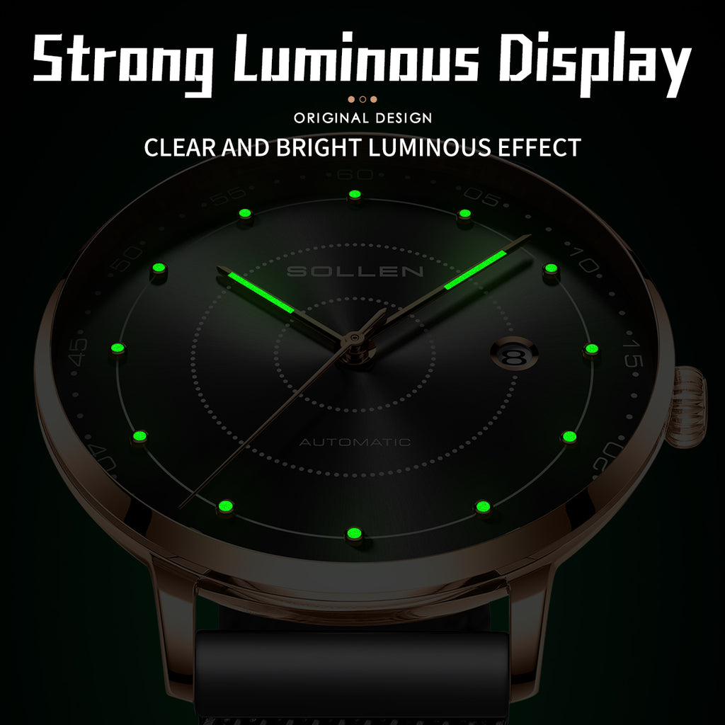 Sollen SL312 Men's Classic Automatic Mechanical Watch - 42mm Stainless Steel Case Slim 9.9mm Luminous Dot Markers Date Window Mesh Bracelet Wristwatch