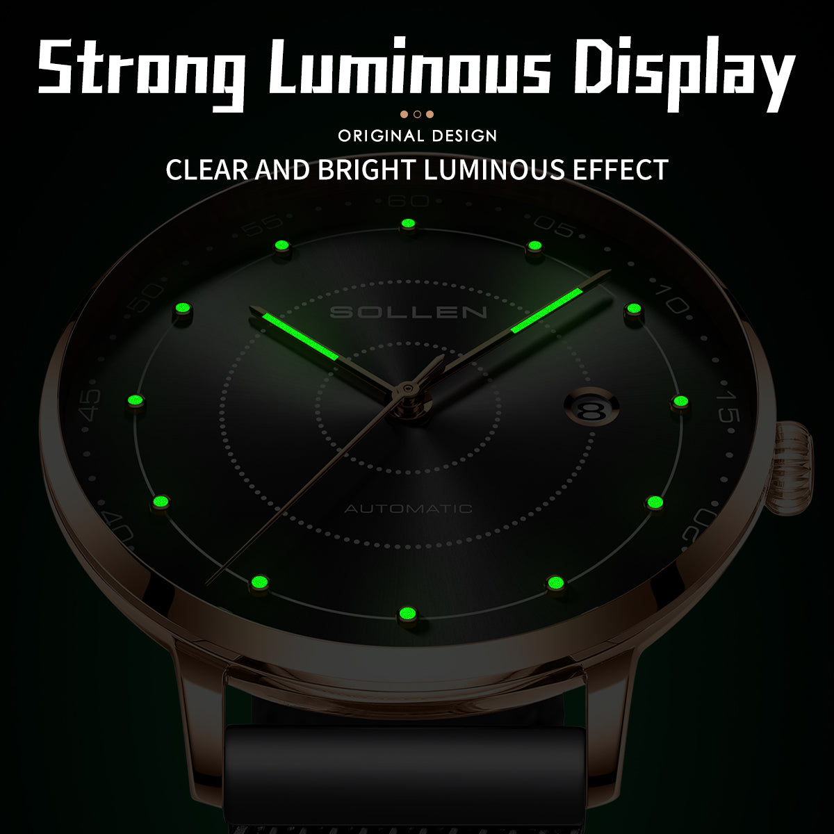 Sollen SL312 Men's Classic Automatic Mechanical Watch - 42mm Stainless Steel Case Slim 9.9mm Luminous Dot Markers Date Window Mesh Bracelet Wristwatch