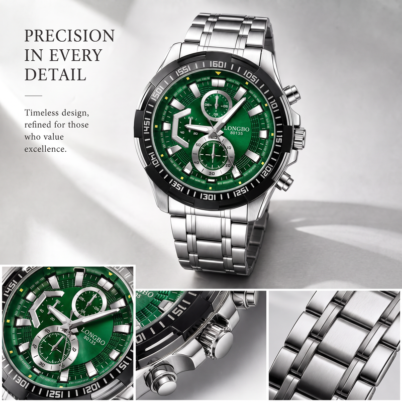 LONGBO LA80135G Live Edition Men's Sport Quartz Watch - 47mm Case Sporty Multi-Subdial Design Stainless Steel Bracelet Wristwatch