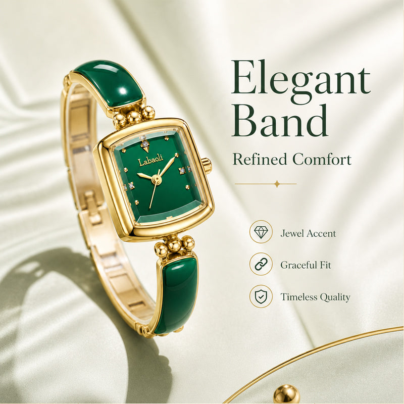 Labaoli LA653 Quartz Watch - Live Edition Women's Elegant 20mm Square Tonneau Case Faceted Diamond-Cut Glass Minimalist Crystal Dial Full IPG Gold Enamel Texture Bangle Bracelet Timepiece