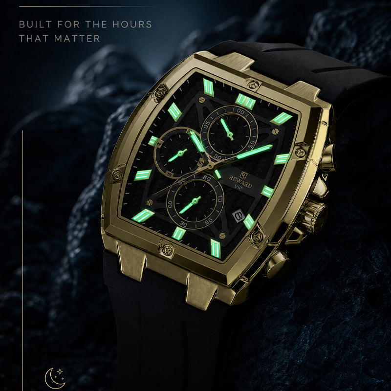 REWARD RD 832261M Live Edition Men's Luxury Sport Watch - Chronograph 6-Hand Multi Function Tonneau Armor Case Date Window Silicone Strap Wristwatch