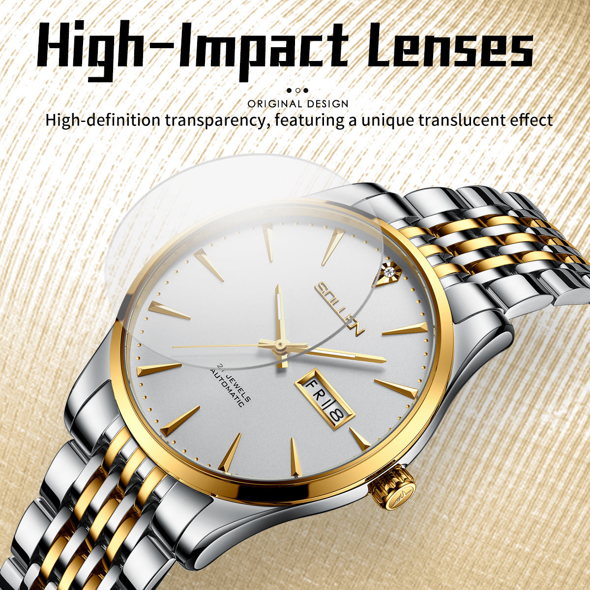 Sollen 9030 Automatic Watch - Men's Diamond-Set Dial Day Date 9-Bead Stainless Steel Bracelet Wristwatch