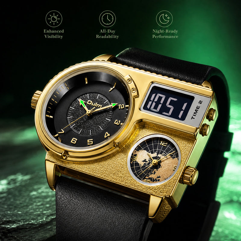 Oulm HP5026 Live Edition Men's Tactical Watch - Cyberpunk Multi Time Zone Ana-Digi Dual Core Armor Case Wide Strap Sport Wristwatch