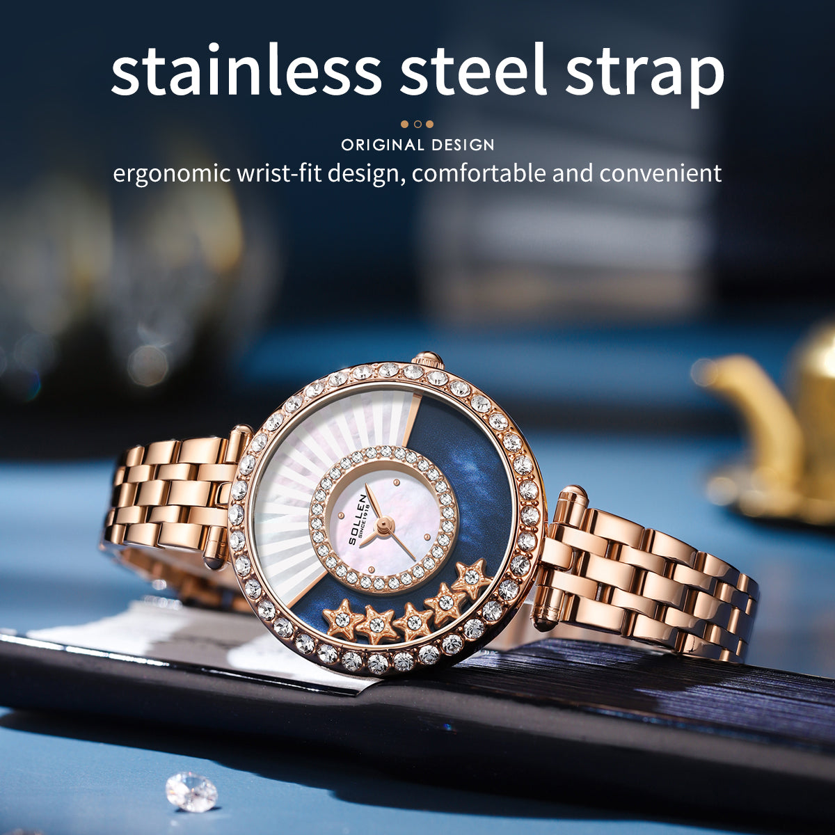 Sollen SL453 Quartz Watch - Women's Stainless Steel Link Bracelet Celestial Dial with Moving Stars