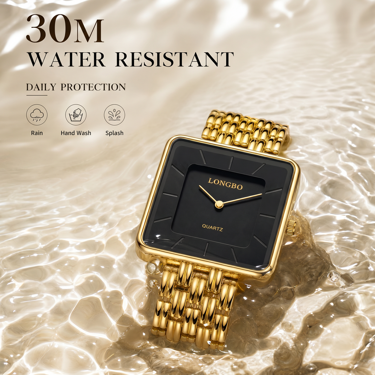 LONGBO LB83810 Quartz Watch - Live Edition Men's & Women‘s Minimalist 38mm Square Case 2-Hand Dress Timepiece Full IPB Gold Finish Multi-Bead Steel Link Bracelet Wristwatch