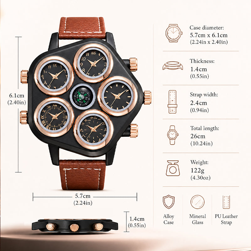 Oulm HP9153 Live Edition Men's Tactical Watch - Cyberpunk Multi Time Zone 5-Movement Armor Case with Centered Compass Sport Leather Strap Wristwatch