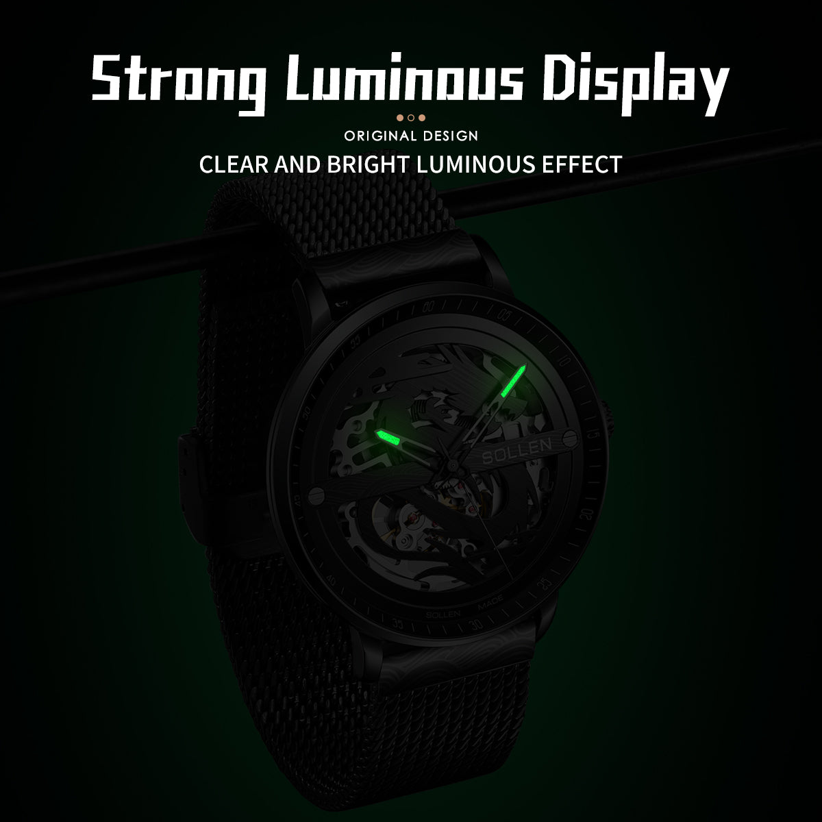 Sollen SL317 Men's Skeleton Dragon Automatic Mechanical Watch - 42mm Stainless Steel Case Slim 9.9mm Open Heart Mesh Bracelet Wristwatch